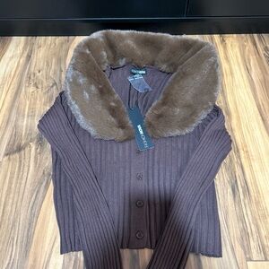 Fashion Nova Chocolate Ribbed Cardigan with Faux Fur Collar
